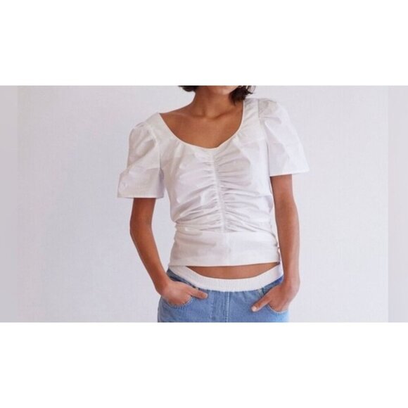 NWT Ruched White Open‎ Back Top By Thakoon Size 8 100% Cotton Short Puff Sleeves - Picture 11 of 11